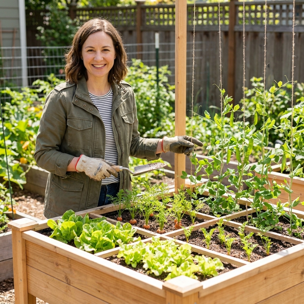 A 4x4 wooden raised bed filled with a variety of vegetables arranged in neat square sections, including lettuce, carrots, and climbing peas