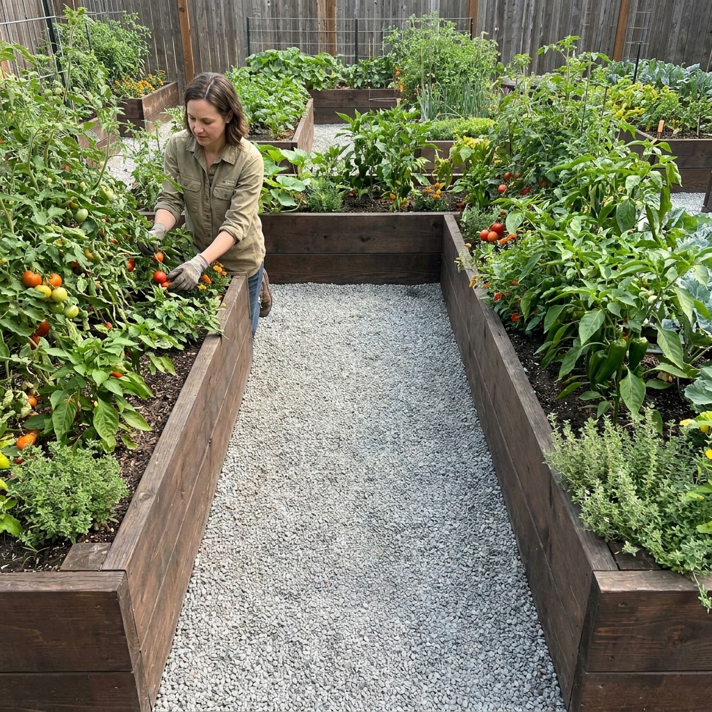 A U-shaped raised bed with a compacted gravel walkway inside the U, showing tidy edges and vegetable plants along both sides