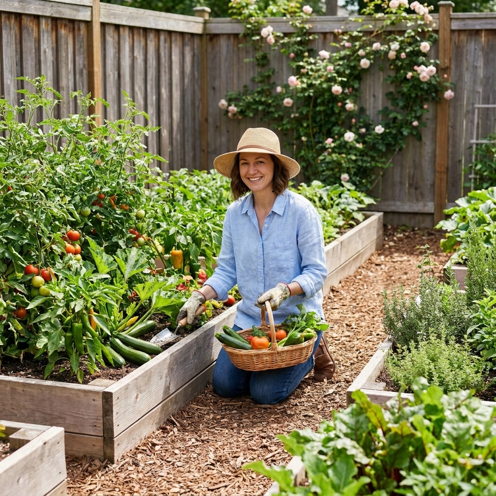 A backyard garden with multiple raised beds arranged in neat rows with mulched paths and thriving summer vegetables