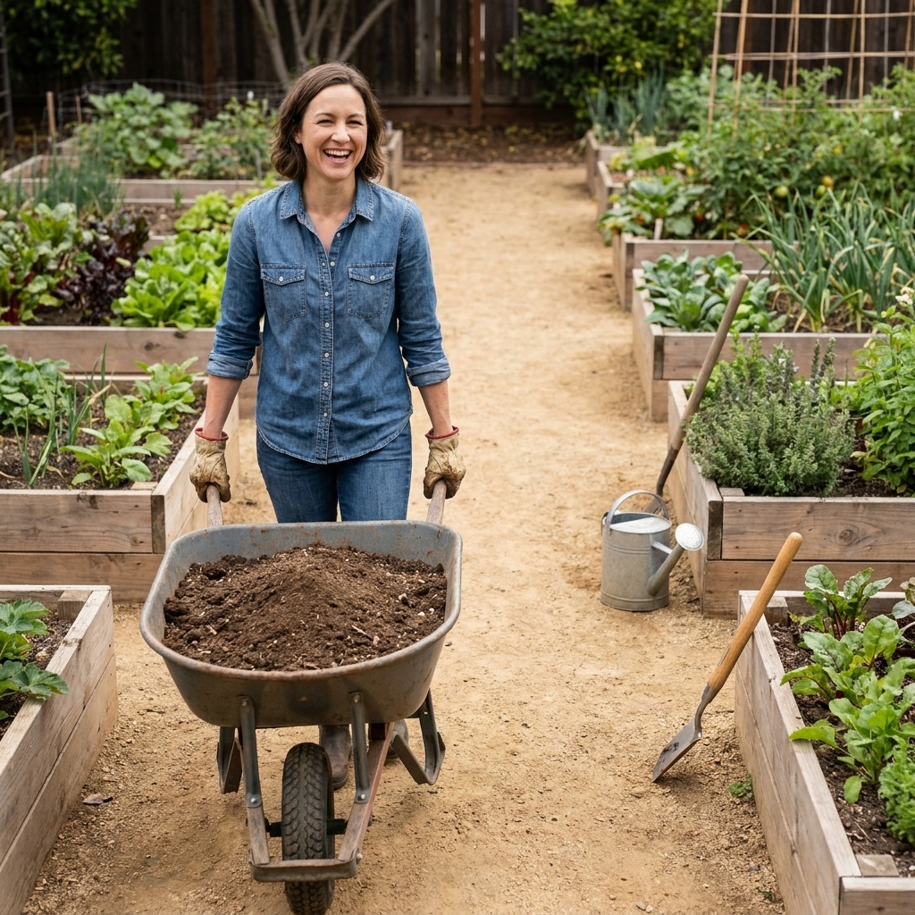 A backyard garden with raised beds arranged along a wide central aisle, showing clear paths for a wheelbarrow