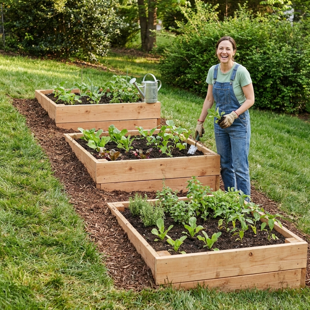 A backyard garden with three wooden raised beds installed in a stepped pattern down a grassy slope, with mulched paths between levels