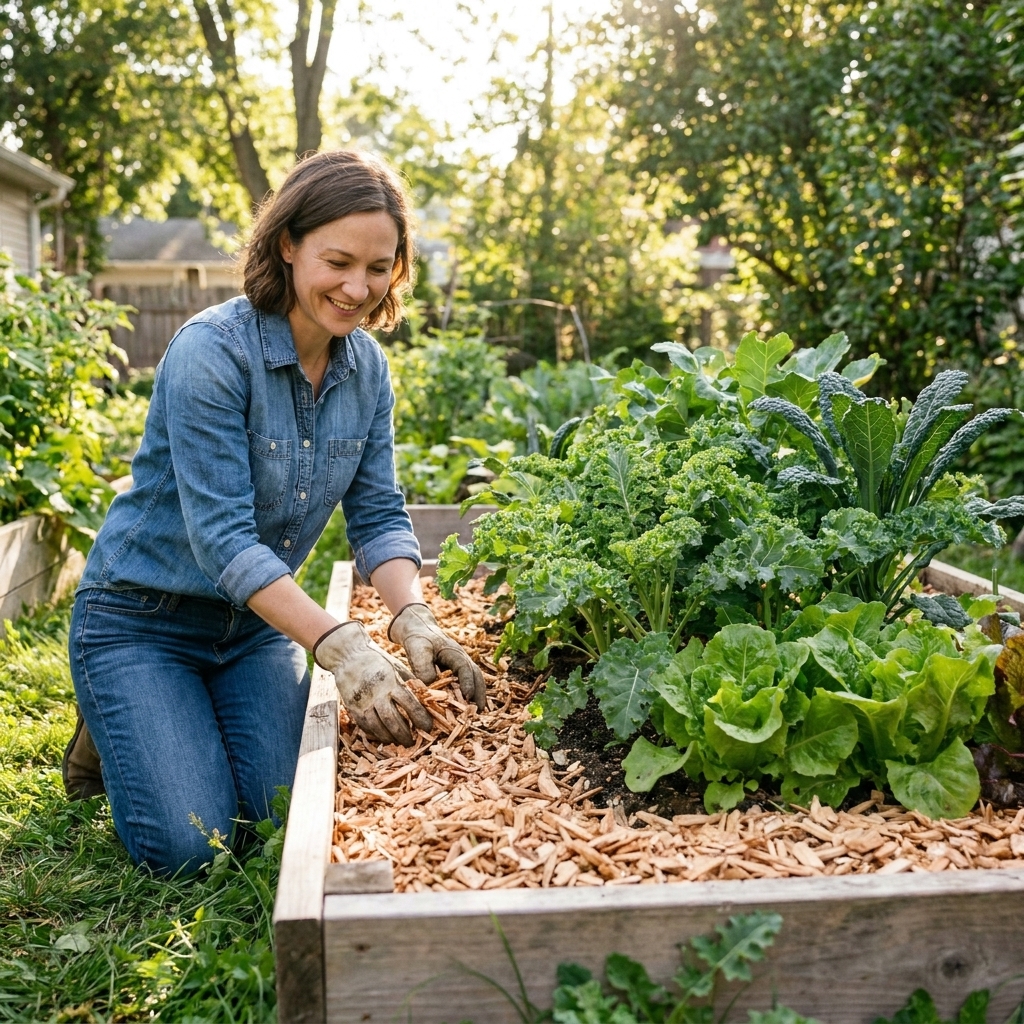 A backyard raised bed edge mulched with fresh wood chips, with leafy greens growing in the center and chips kept away from plant stems
