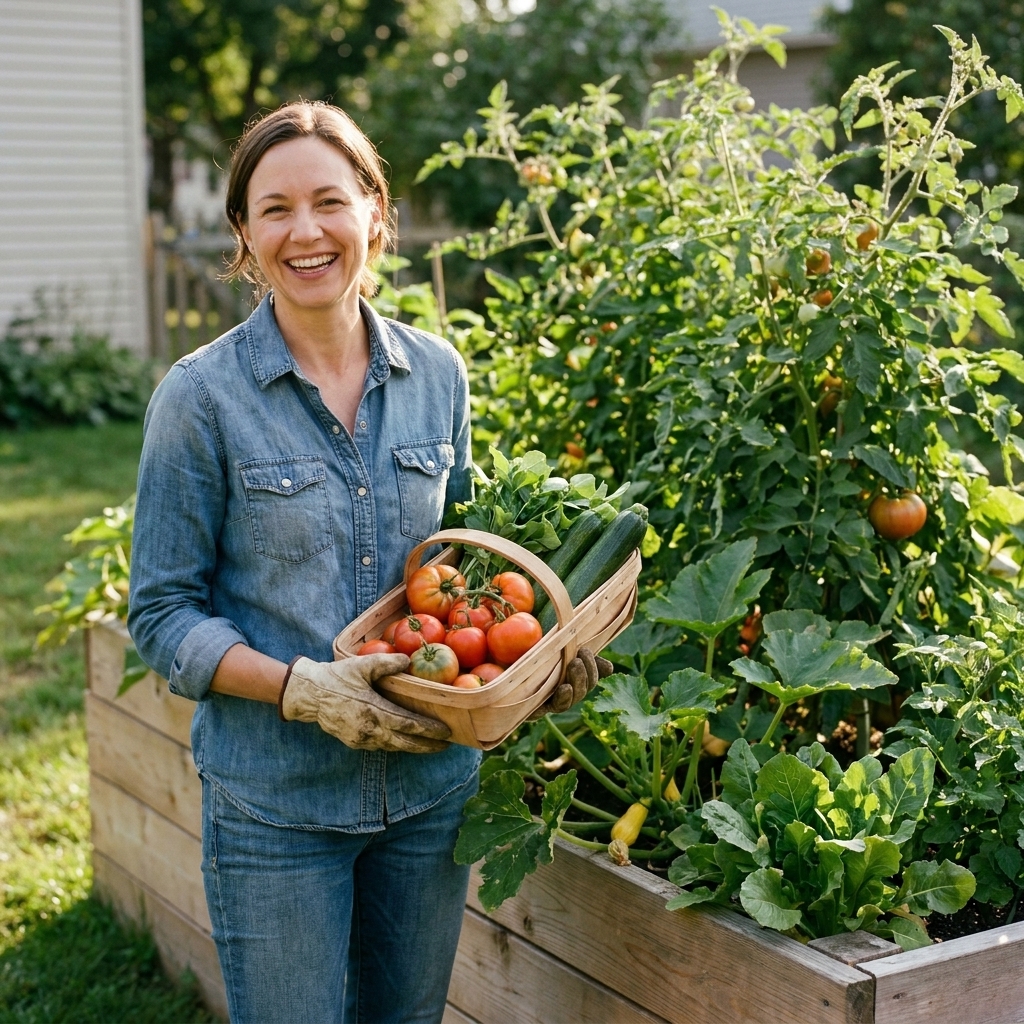 A backyard raised bed overflowing with healthy vegetable plants in mid-summer, with a gardener holding a harvest basket next to the bed