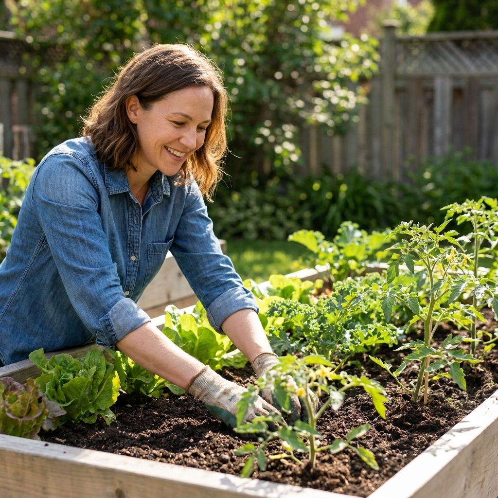 A backyard raised bed packed with healthy leafy greens and young tomato plants growing in dark, crumbly soil on a sunny day