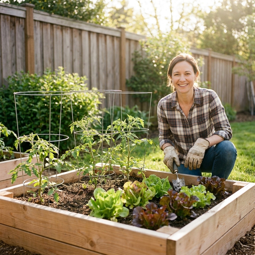 A backyard raised bed with tomato cages installed and small tomato plants inside, with baby leaf lettuce growing in clusters between cages.