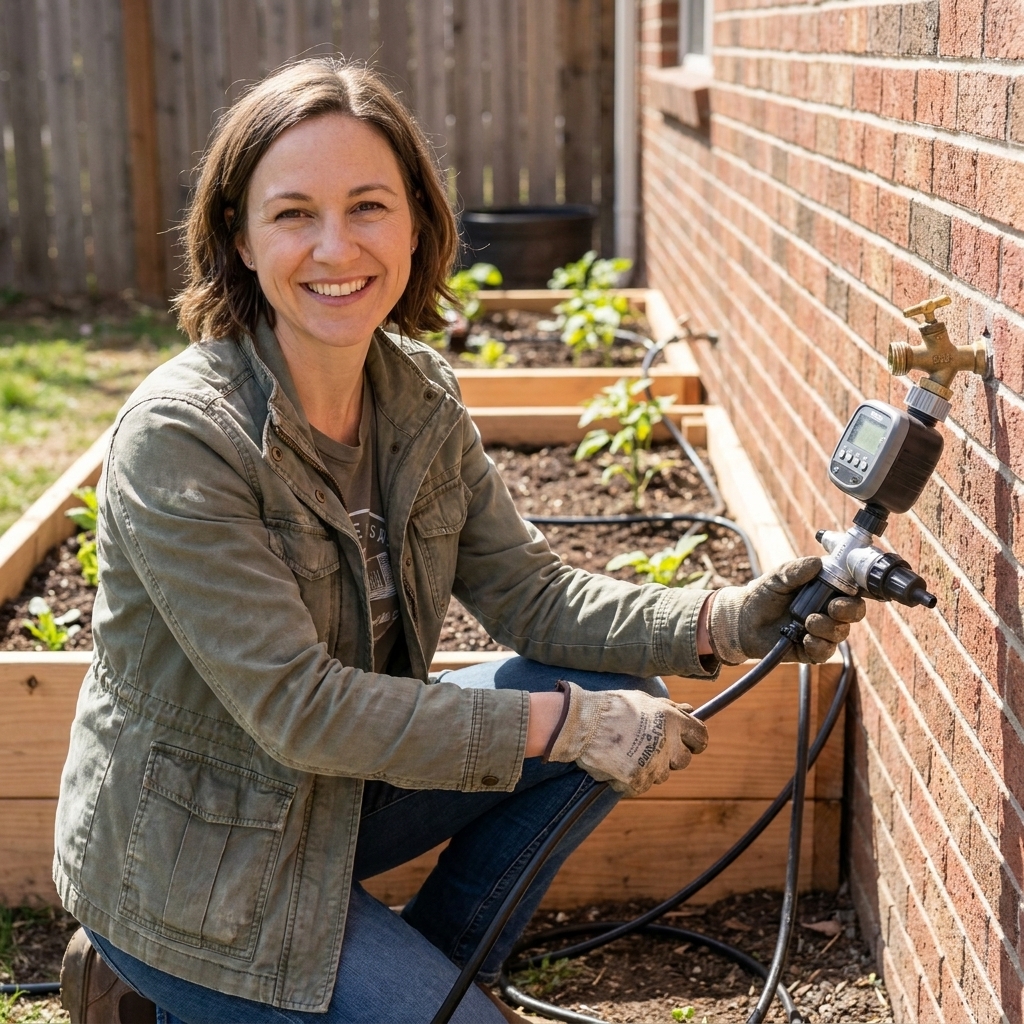 A backyard spigot with a hose timer attached, followed by a filter and pressure regulator, with drip mainline tubing running toward garden beds