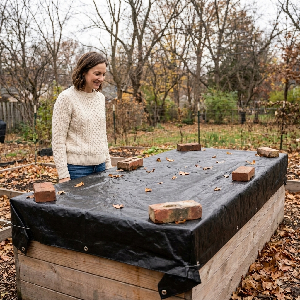 A black tarp tightly secured with bricks over a rectangular raised garden bed in a backyard garden on an overcast autumn day