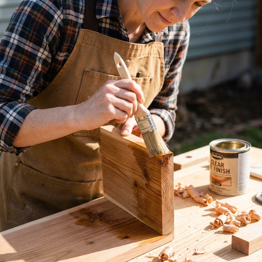 A close-up of cedar board end grain being brushed with a clear oil finish on a workbench outdoors