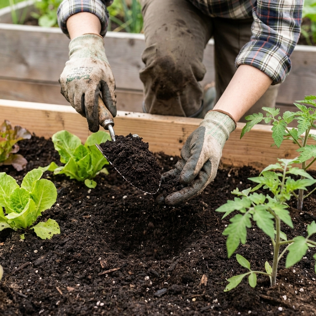 A close-up of dark worm castings being sprinkled into a transplant hole in a raised bed with young vegetable seedlings nearby