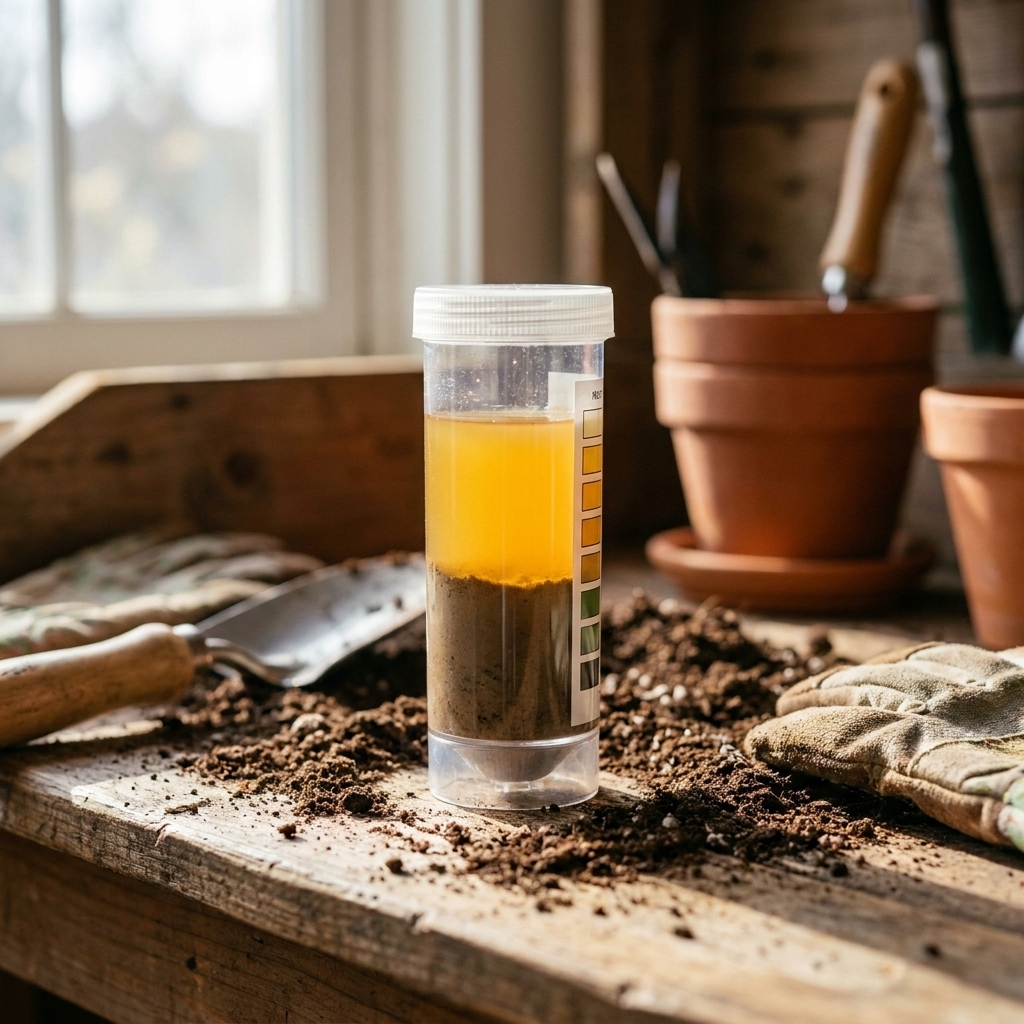 A close view of a clear plastic soil testing vial on a potting bench filled with soil slurry and showing a distinct color result in natural light