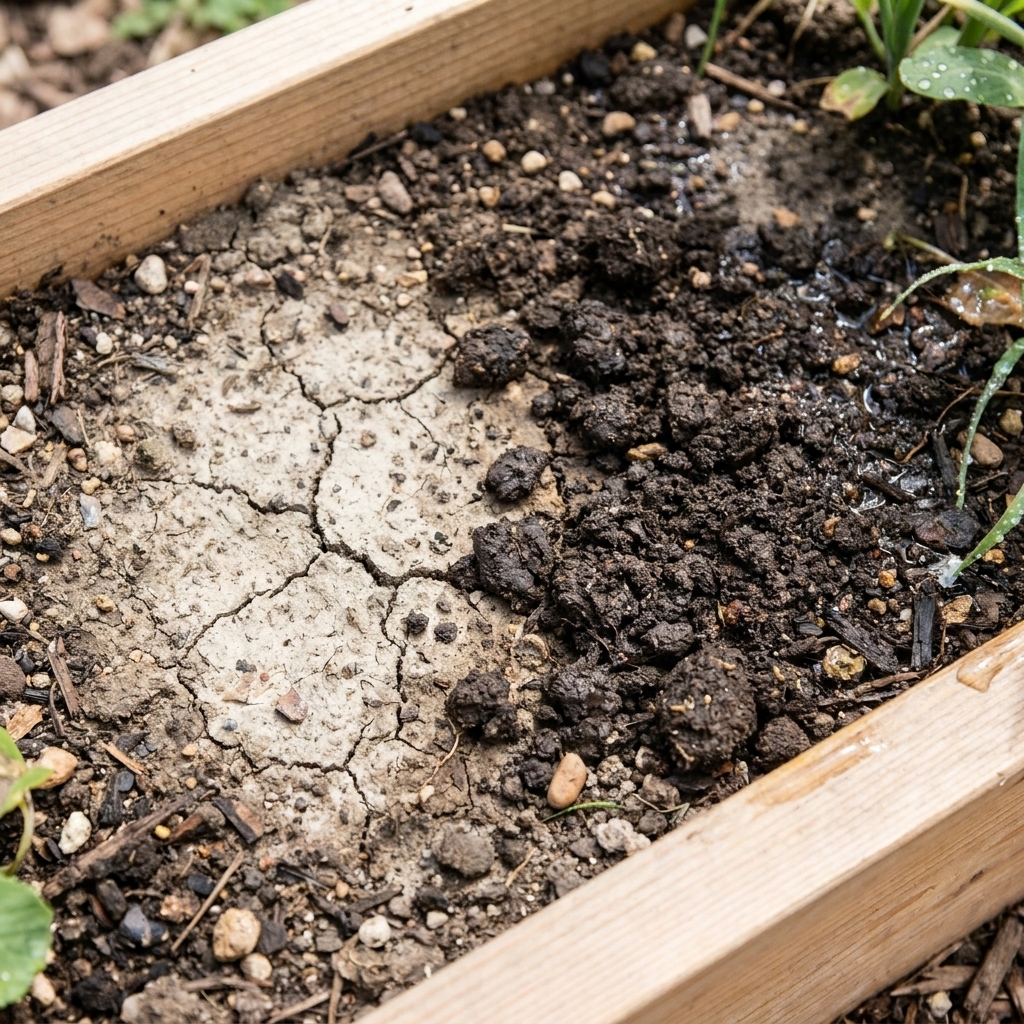 A close view of a raised bed soil surface showing a pale dry patch next to darker moist soil after watering, highlighting uneven moisture in the bed