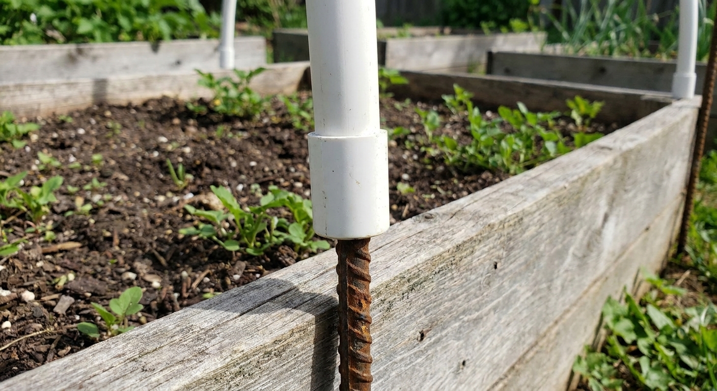 A close view of a white PVC hoop end slid over a steel rebar stake beside a wooden raised bed, showing the sleeve-style connection