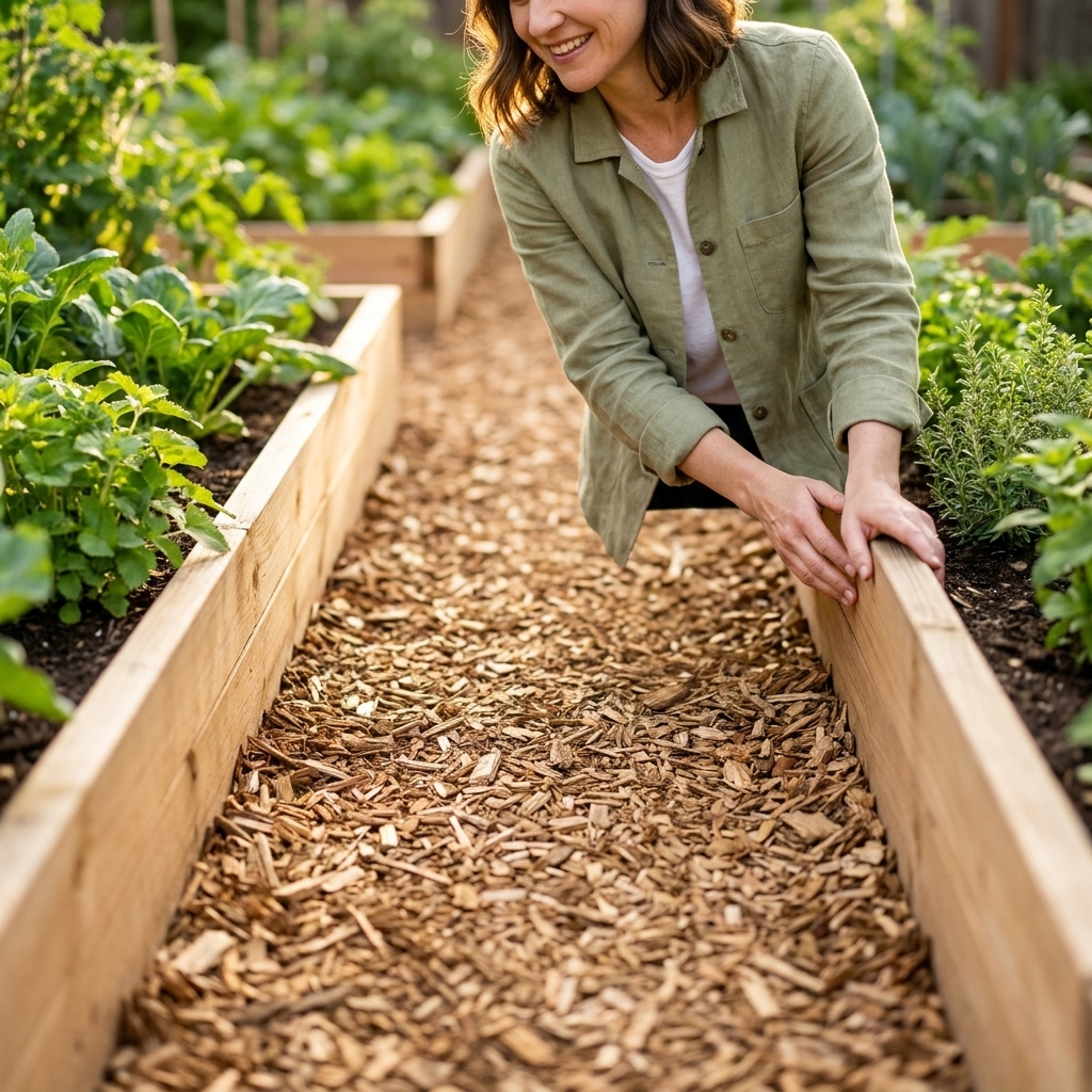 A close view of a wood chip pathway between raised garden beds, showing a firm walking surface and clean bed edges