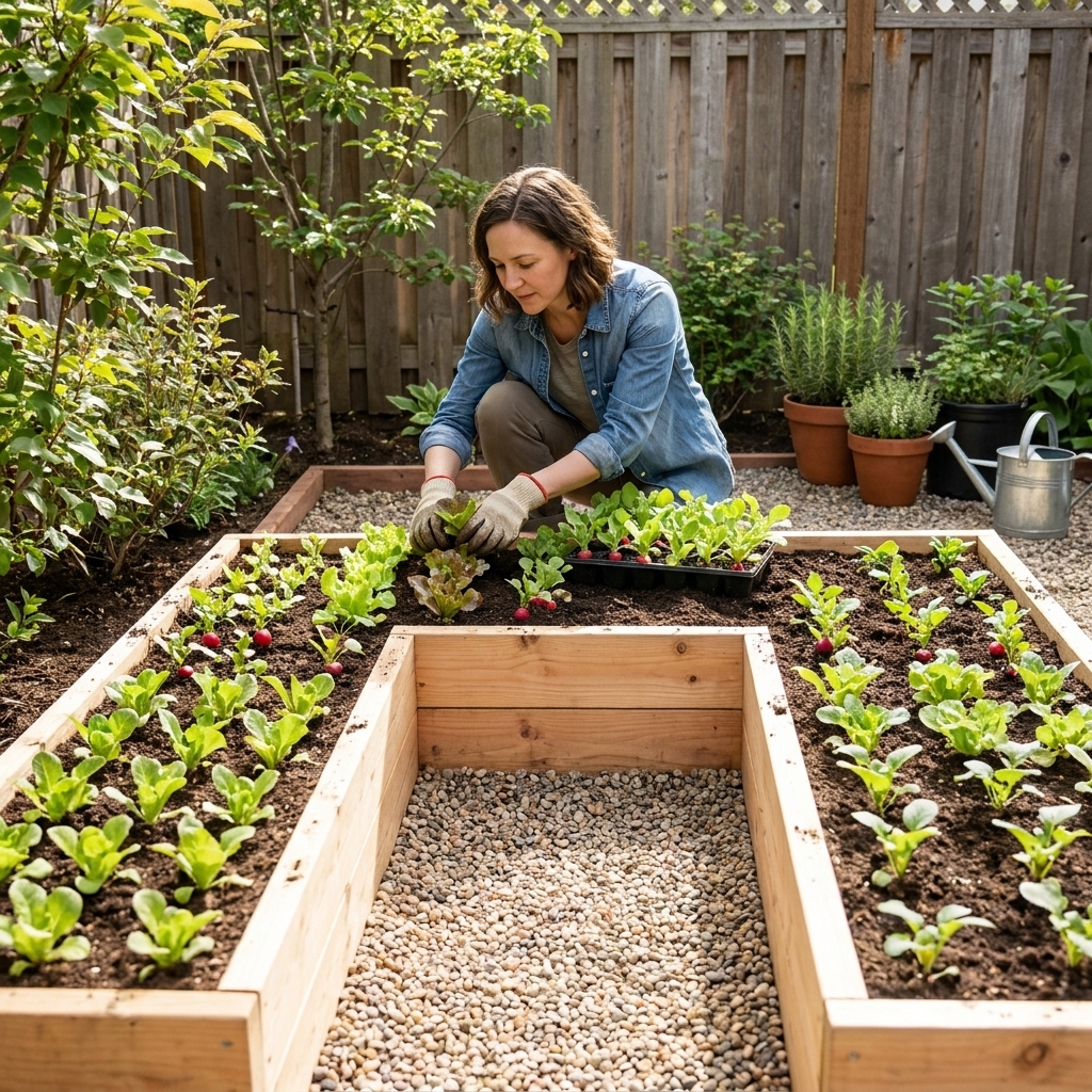 A compact U-shaped raised bed in a small yard with a gravel interior path, showing young vegetable starts planted in neat rows