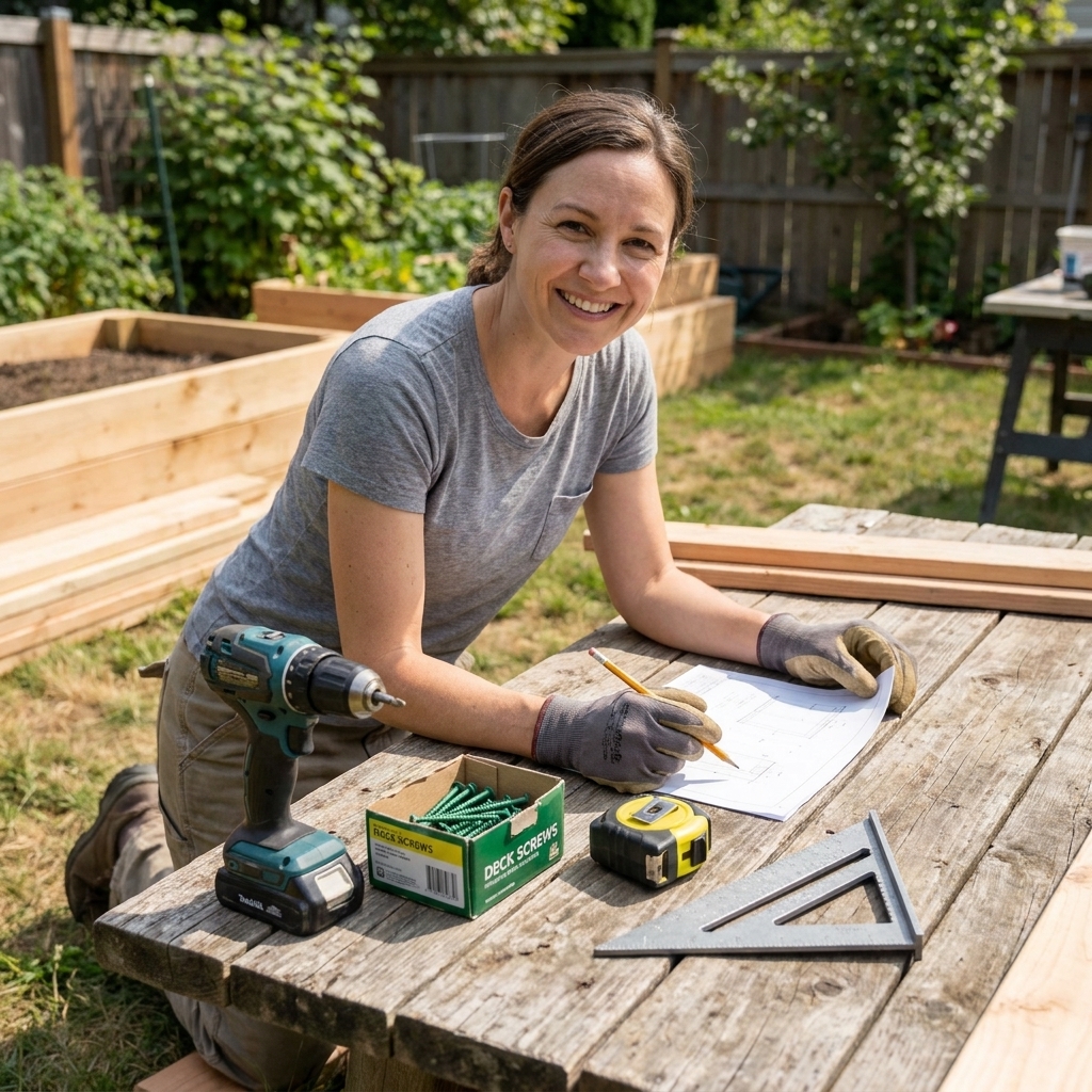A cordless drill, deck screws, a tape measure, and a carpenter's square laid out on a wooden work surface before building a raised bed