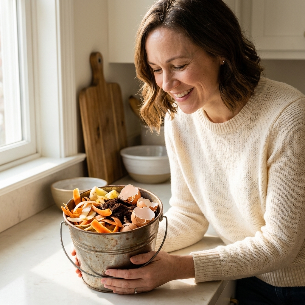 A countertop compost pail filled with chopped vegetable peels, coffee grounds, and eggshells ready to be carried outside