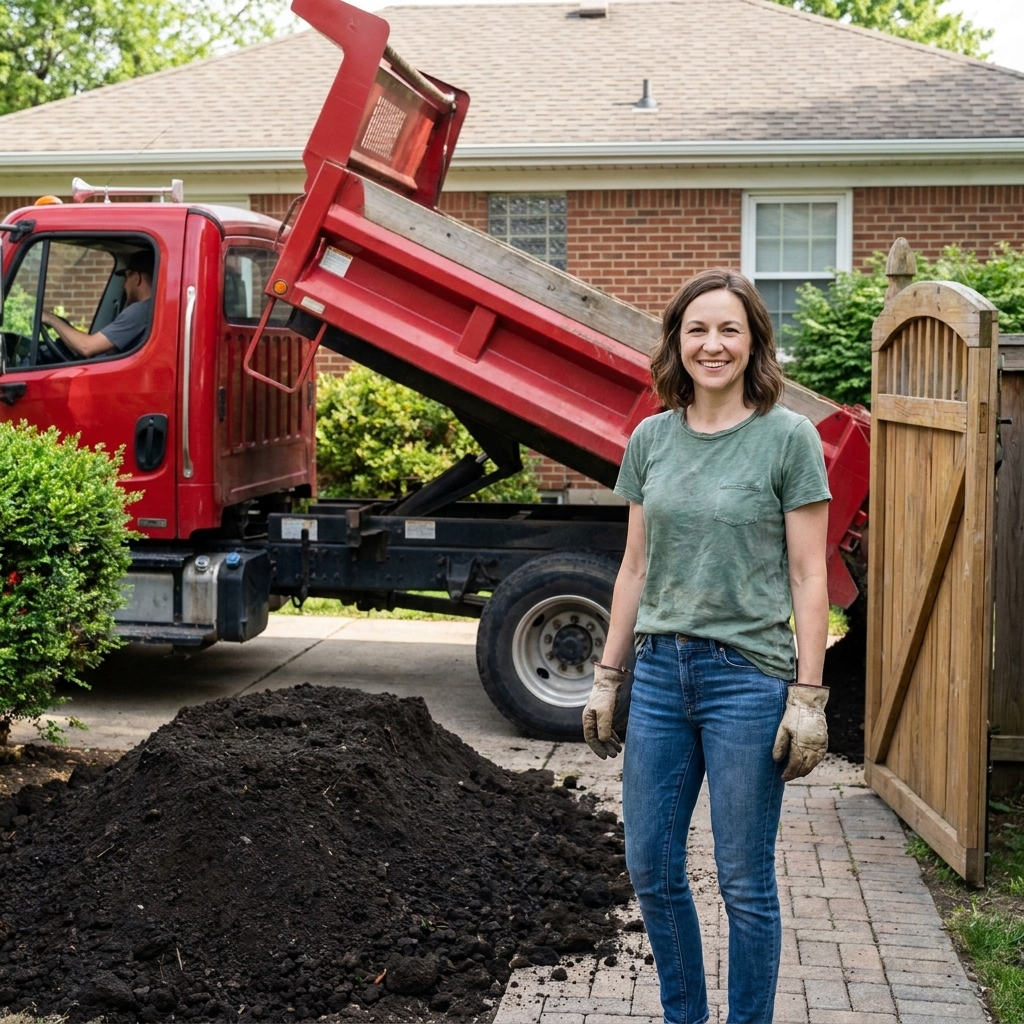 A dump truck unloading garden soil onto a suburban driveway near a backyard gate.