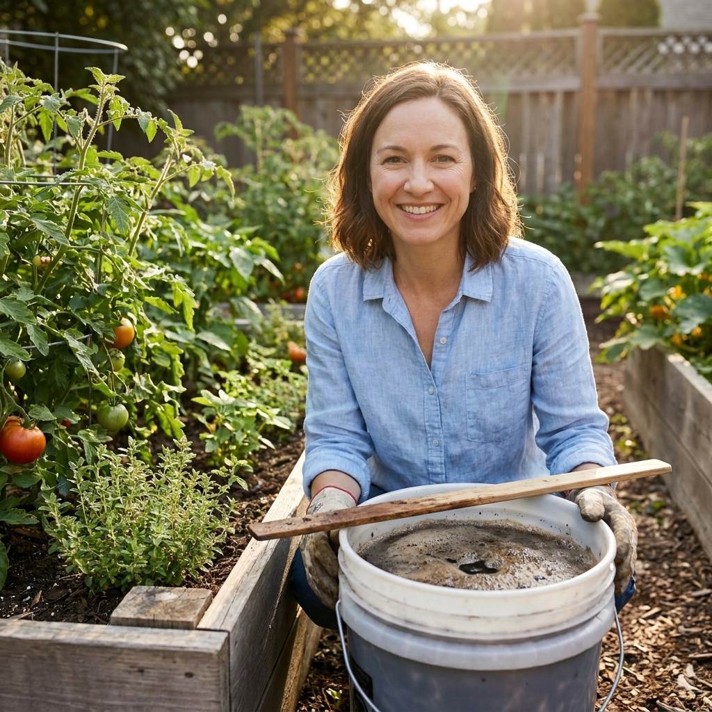 A five-gallon bucket of compost tea steeping beside a raised bed garden, with a wooden stirring stick resting on the rim on a warm summer day