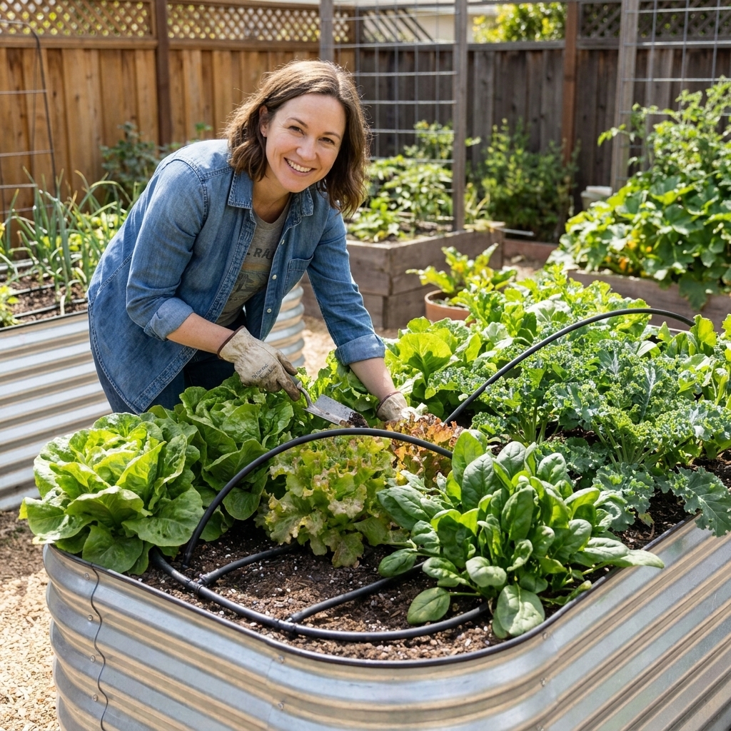 A galvanized steel raised bed in a backyard garden filled with mature greens and drip irrigation tubing