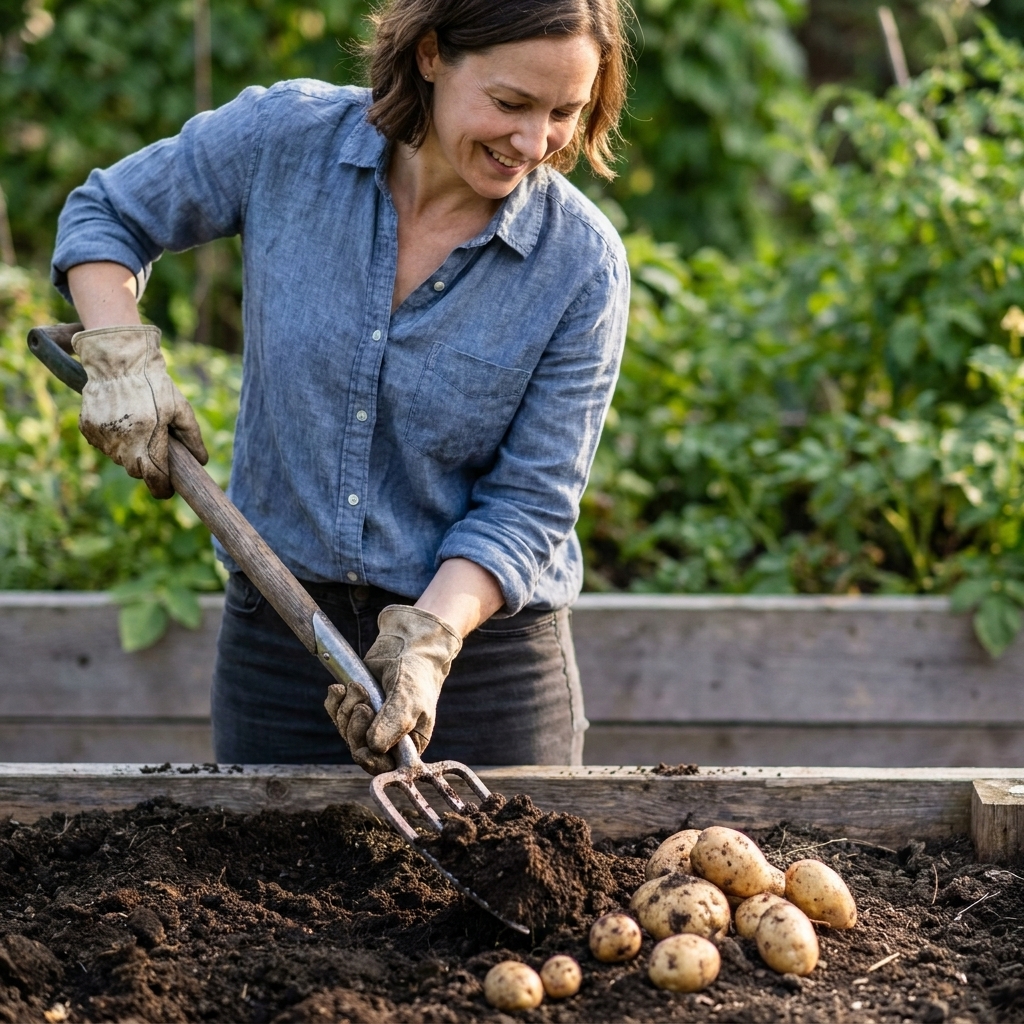 A garden fork lifting loose soil in a raised bed with several freshly unearthed potatoes resting on the soil surface