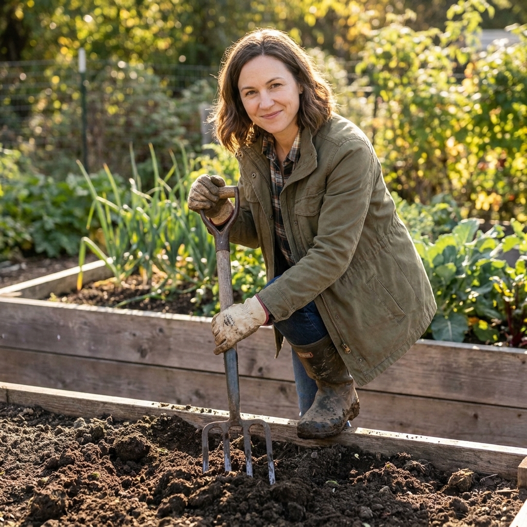 A garden fork standing in a raised bed as a gardener loosens compacted soil without turning it over