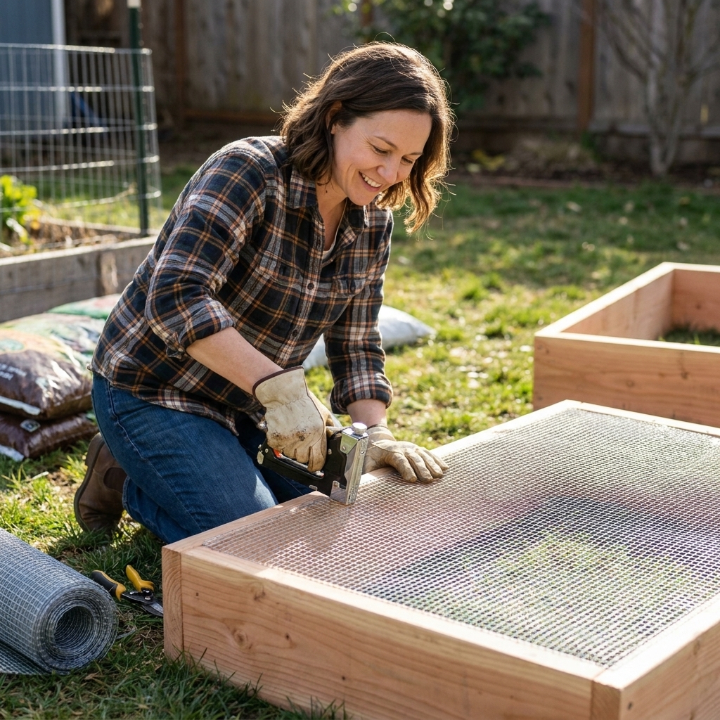A gardener attaching galvanized hardware cloth to the bottom of a wooden raised bed frame before adding soil