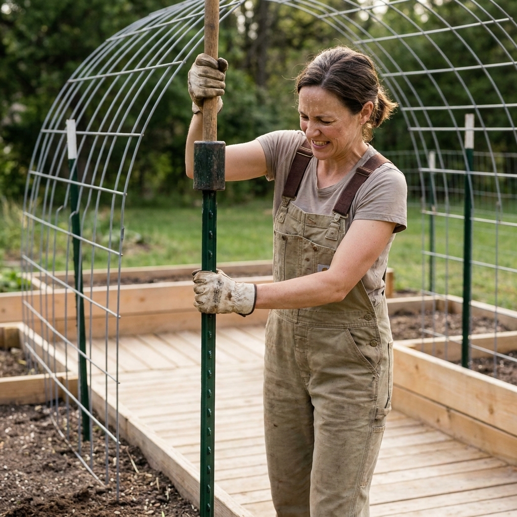 A gardener driving a metal T-post into the soil beside a raised bed walkway where an arched cattle panel trellis will be installed