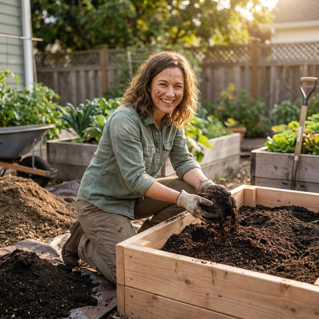 A gardener filling a wooden raised bed with a dark, crumbly soil blend, with compost and soil piles visible nearby in a backyard