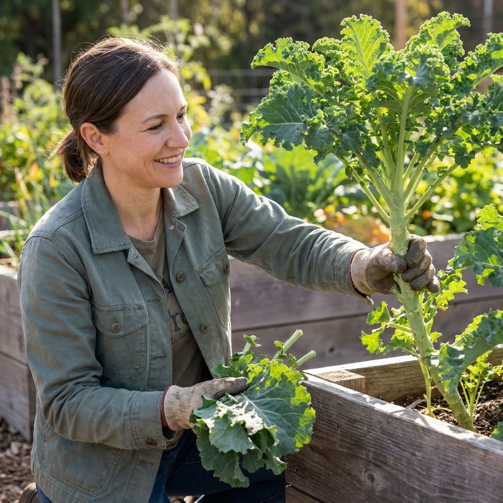 A gardener harvesting kale by removing the lowest mature leaves from a tall kale plant in a raised bed, leaving the top growth intact
