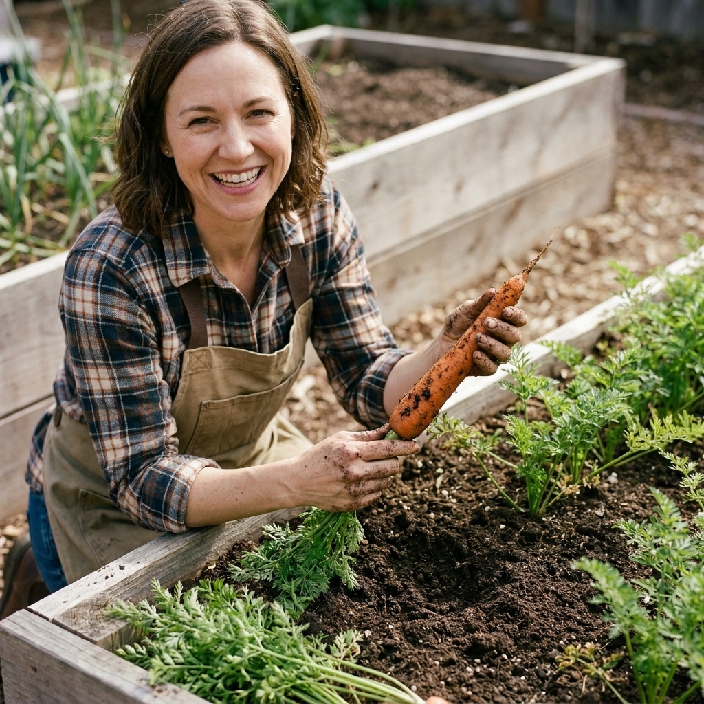 A gardener holding a freshly pulled long carrot next to a deep raised bed with loose soil and carrot tops still growing in rows