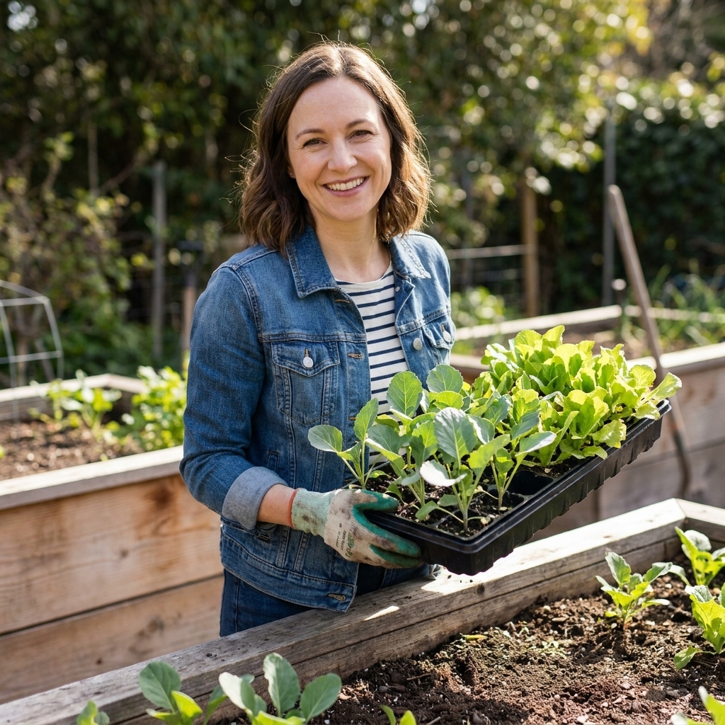 A gardener holding a small seedling tray beside a raised bed, with young brassica and lettuce starts ready to be transplanted