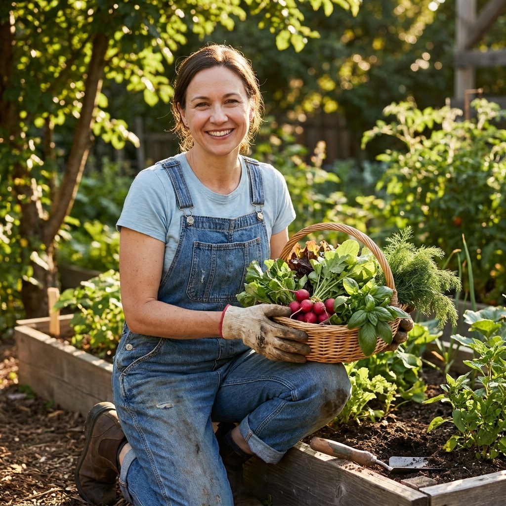 A gardener kneeling beside a raised bed holding a harvest basket filled with mixed greens, radishes, and herbs on a sunny afternoon
