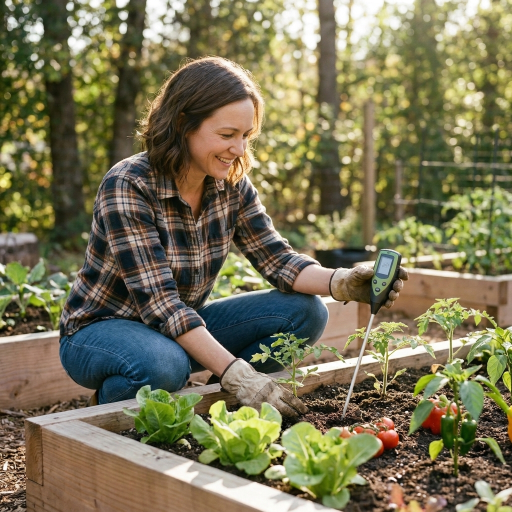 A gardener kneeling beside a raised bed using a handheld soil pH test kit near young vegetable seedlings