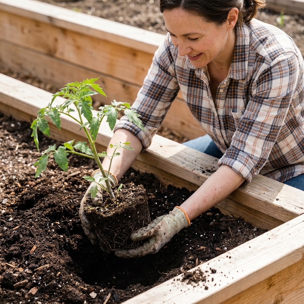 A gardener lowering a sturdy tomato seedling into a deep planting hole in a wooden raised bed, with compost visible in the soil