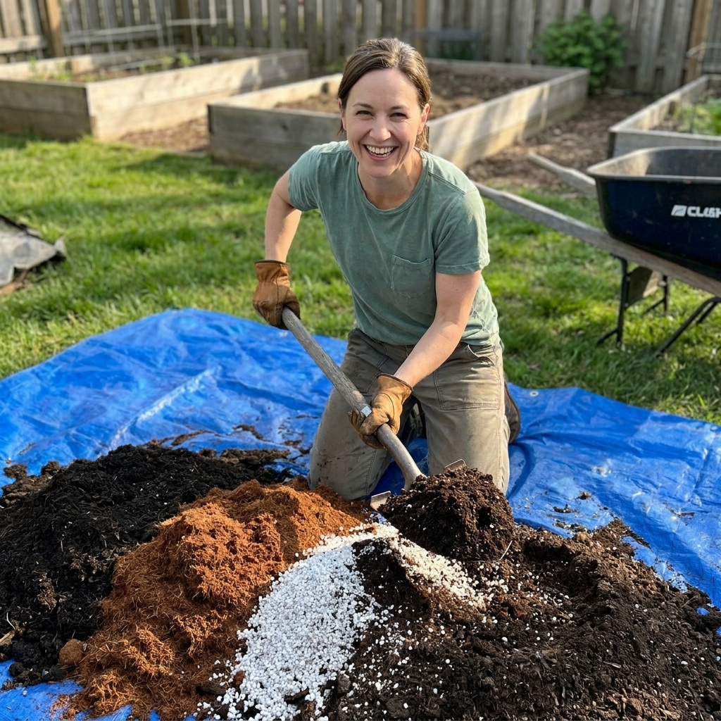A gardener mixing compost, coco coir, and perlite together on a tarp in a backyard using a shovel