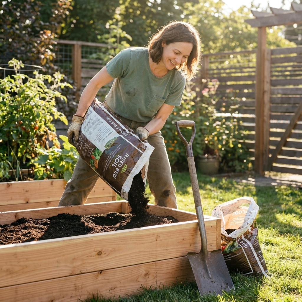 A gardener pouring dark raised bed soil mix into a wooden raised bed in a sunny backyard, with a shovel and compost bag nearby