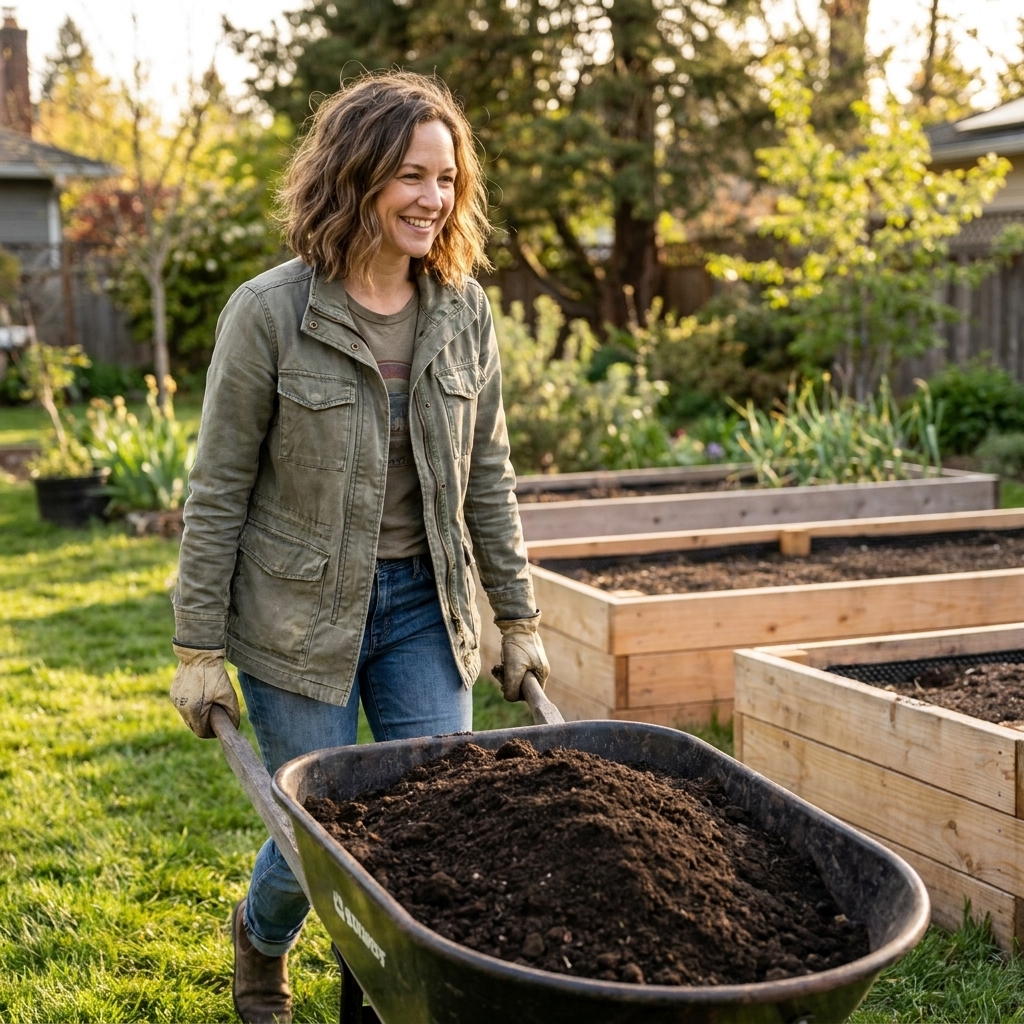 A gardener pushes a wheelbarrow of soil across a lawn toward wooden raised beds.