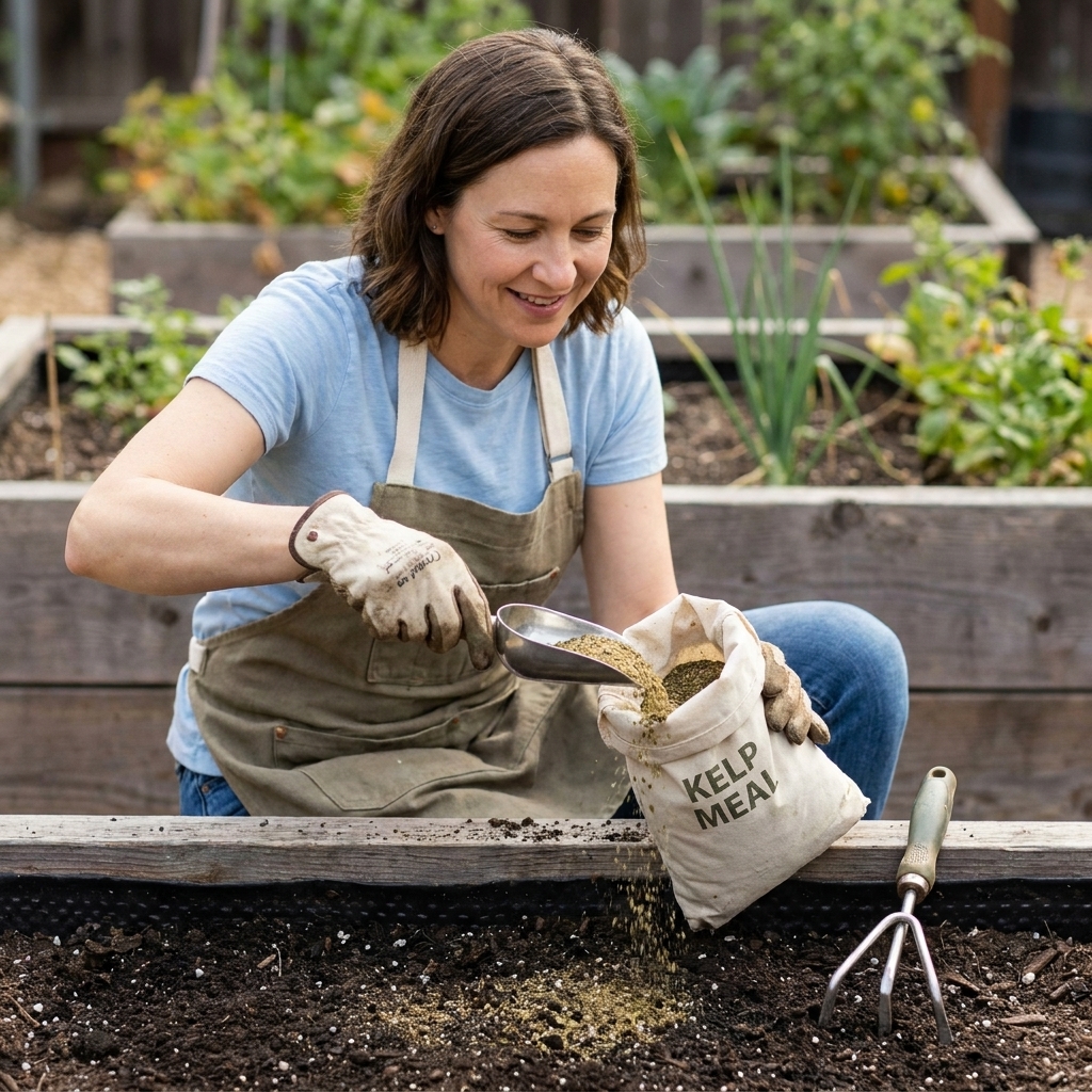 A gardener scooping kelp meal from a bag and sprinkling it evenly across the surface of a raised bed before mixing it in