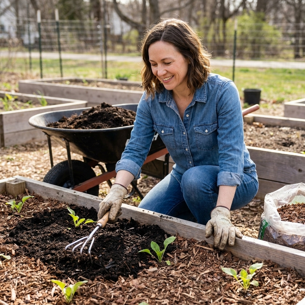 A gardener spreading finished compost and mulch over the surface of a planted raised bed in early spring