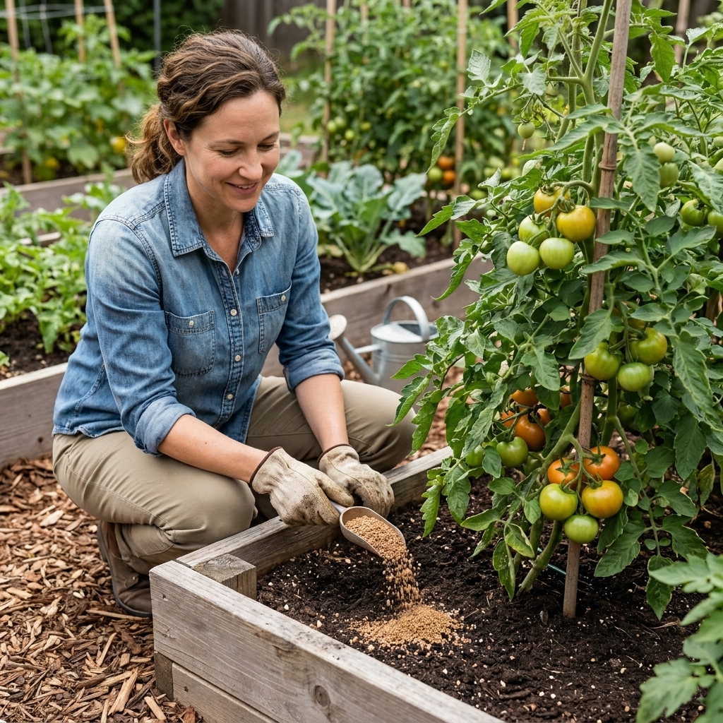 A gardener sprinkling granular organic fertilizer around the base of a large tomato plant growing in a raised bed, with soil visible and mulch pulled back