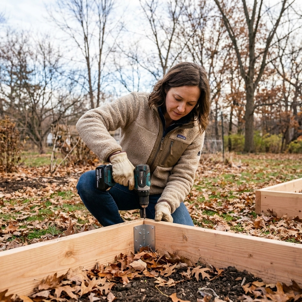 A gardener tightening a metal corner bracket on a wooden raised garden bed with a cordless drill in late fall