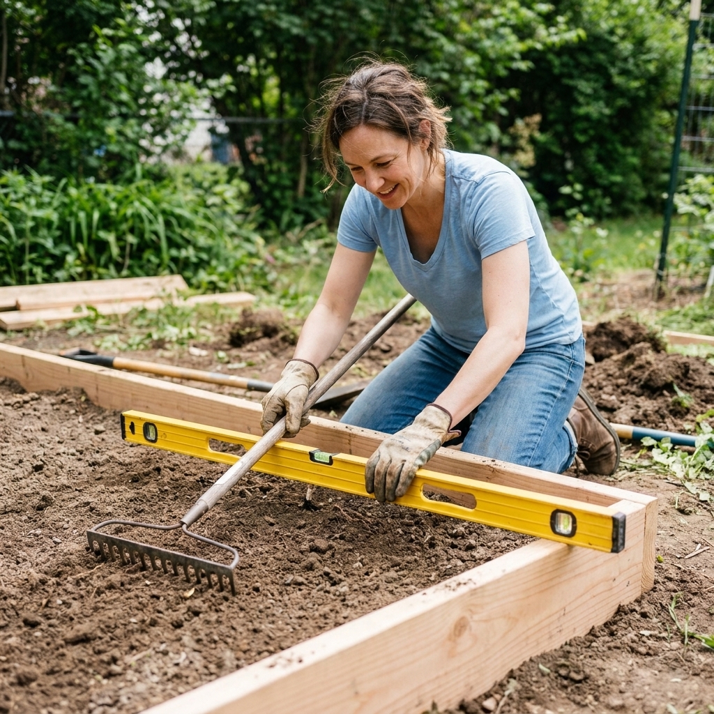A gardener using a long level and rake to flatten and level the soil area where a 4x8 raised bed will be placed