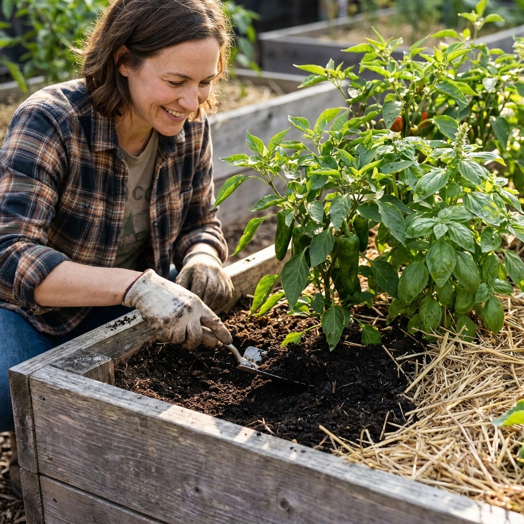 A gardener using a small hand trowel to add compost around established pepper and basil plants in a wooden raised bed, with mulch pulled back to the side