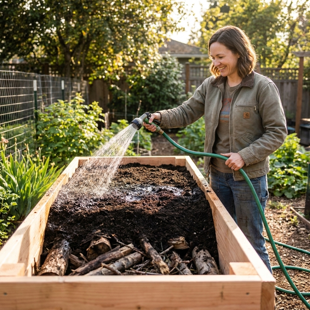 A gardener watering a freshly filled tall raised bed with a hose, dark soil visible on top and woody material buried underneath