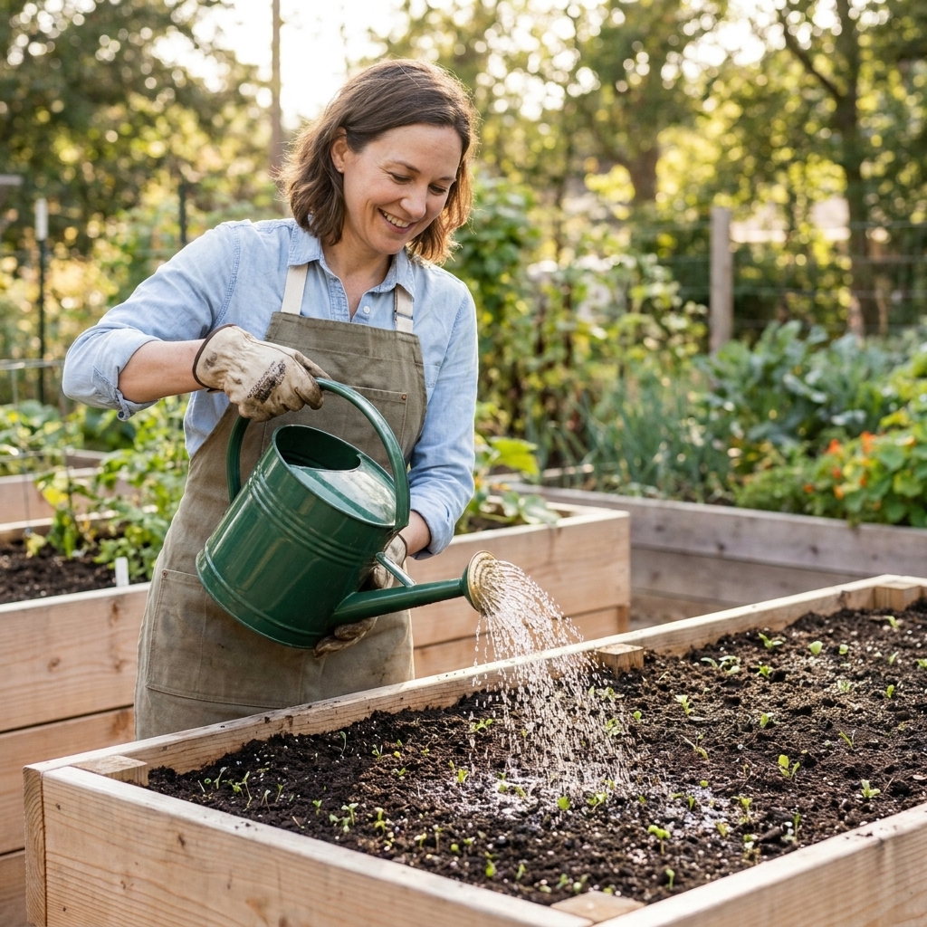 A gardener watering a newly seeded raised bed with a gentle watering can