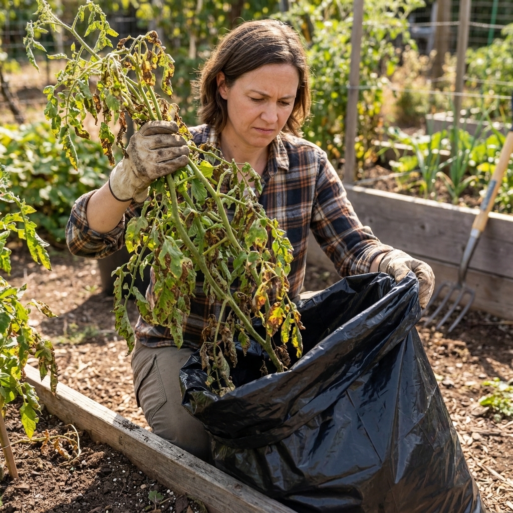 A gardener wearing gloves lifting a blight-damaged tomato plant from a raised bed and placing it directly into a heavy-duty trash bag