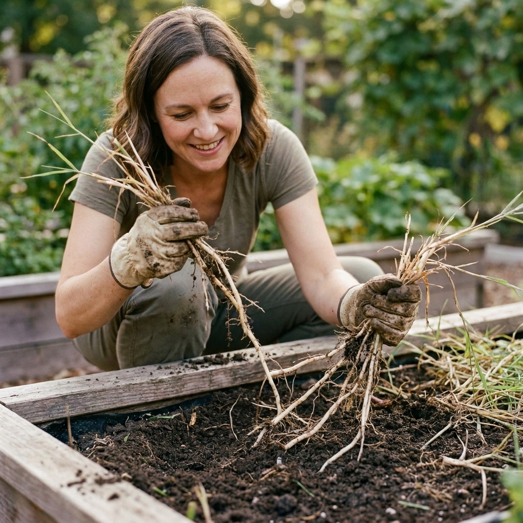 A gardener wearing gloves pulling long pale Bermuda grass rhizomes from moist soil in a raised bed