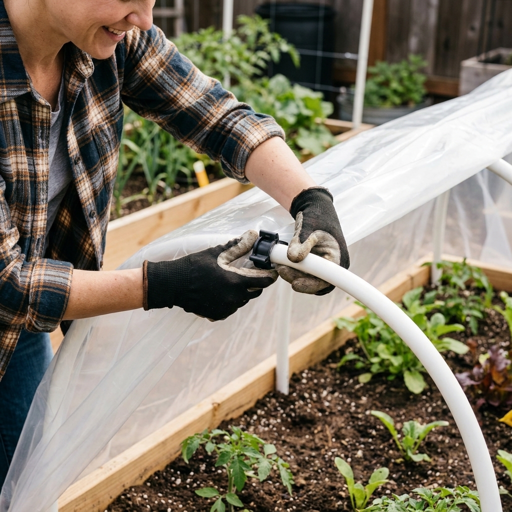 A gardener's hands clipping a black PVC snap clamp over greenhouse plastic on a white PVC hoop above a raised bed