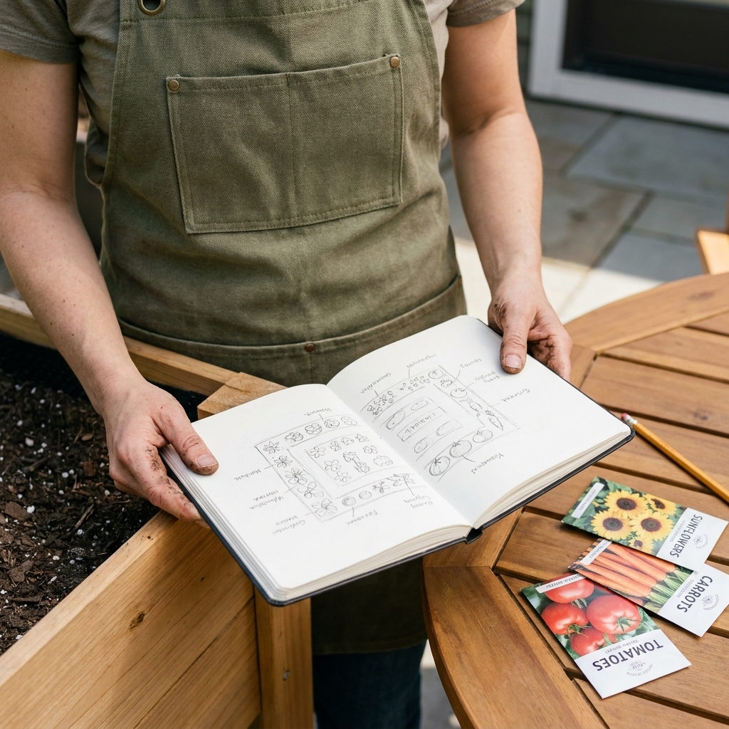 A gardener's hands holding an open notebook with a simple garden sketch beside a raised bed, with seed packets and a pencil on a patio table