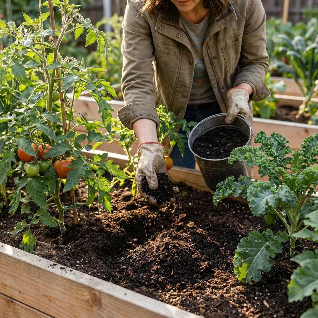 A gardener’s hands sprinkling finished compost as a thin top dressing around established vegetable plants in a raised bed, leaving a clear gap around the stems